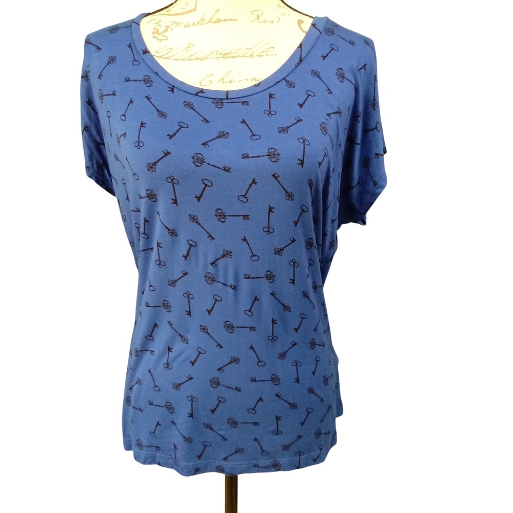 PLEIONE Blue All Over Key Print Short Sleeve Tunic Top‎ MED Stretch